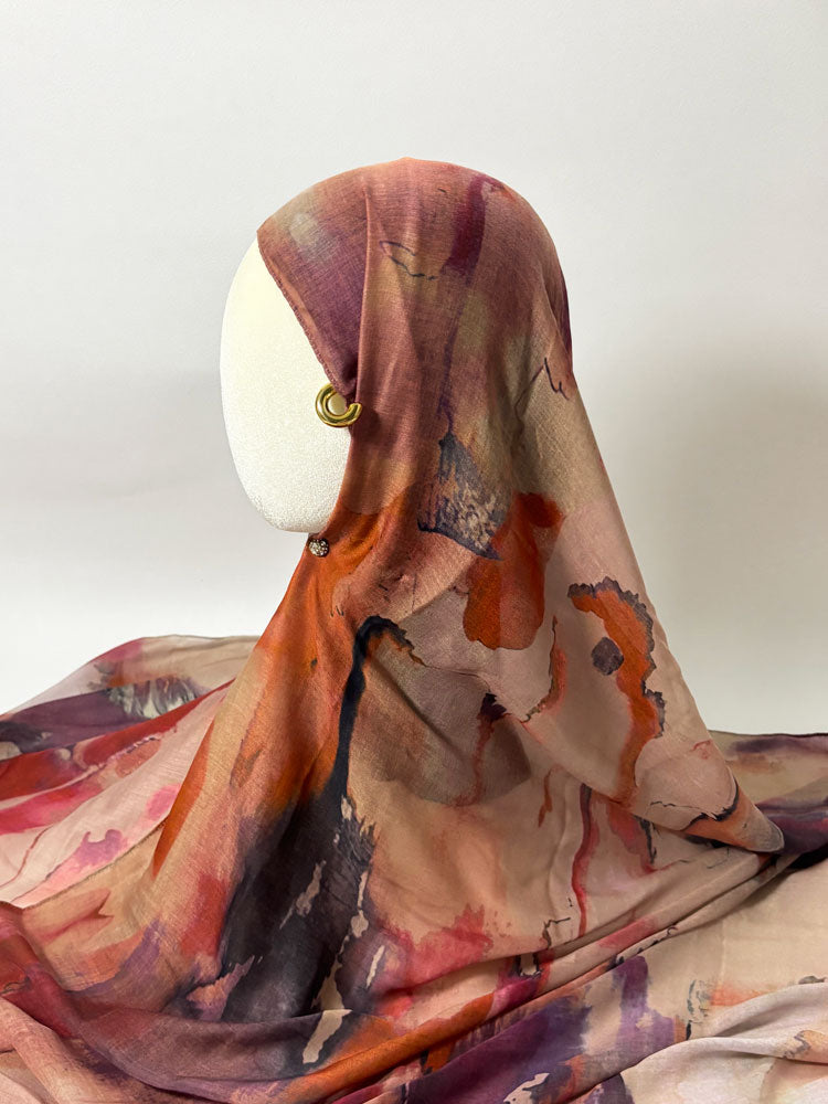 Modern Oil Painting Hijab - Terracotta and Purple Modest Scarf for Women-LNR260006