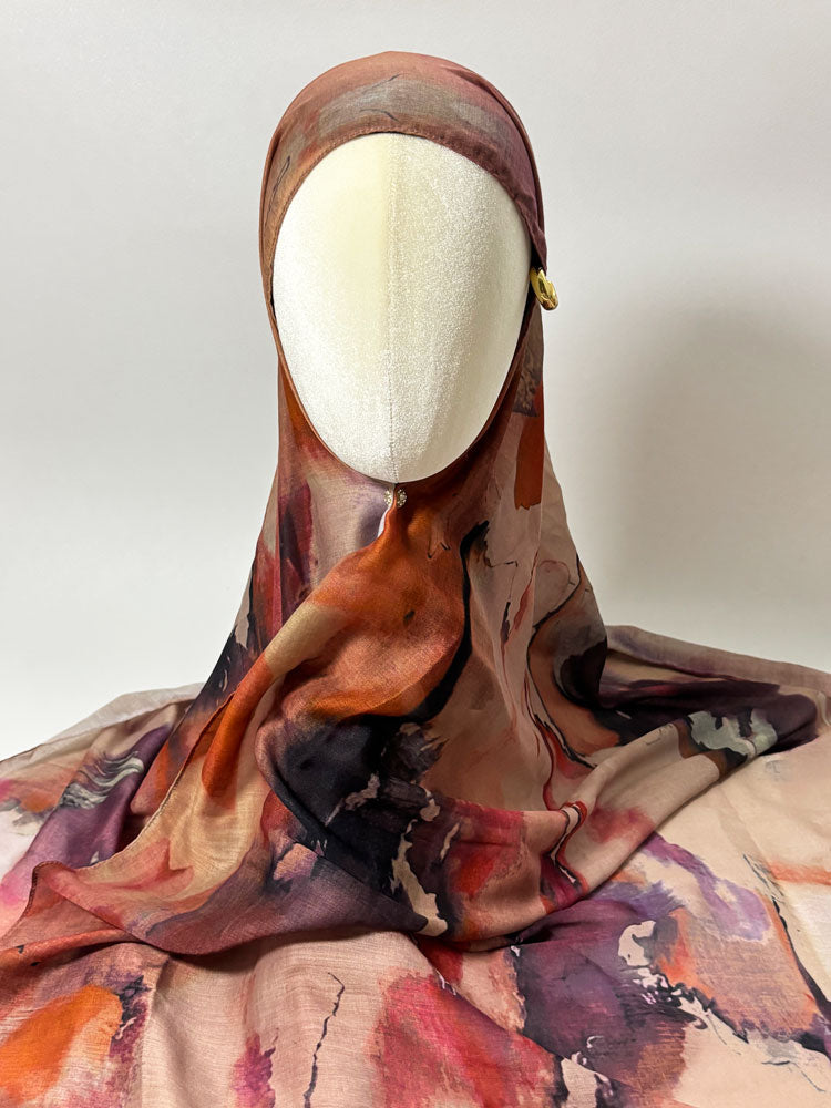 Modern Oil Painting Hijab - Terracotta and Purple Modest Scarf for Women-LNR260006