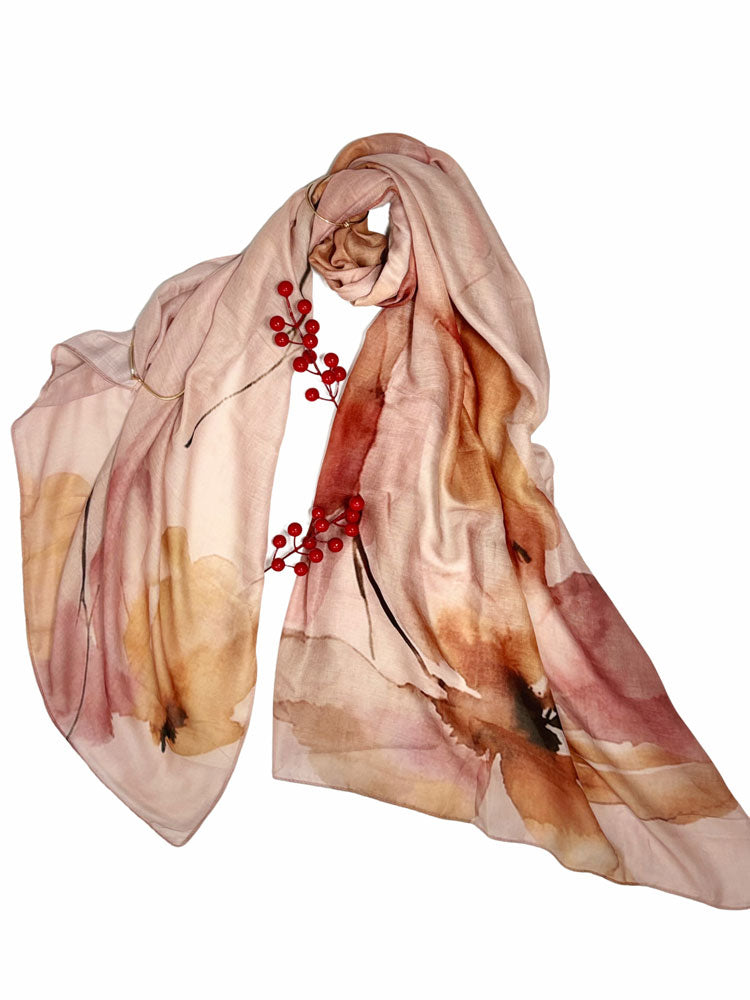 Watercolor Floral Blossom Hijab - Nude Pink and Amber Modest Scarf for Women-LNR260007