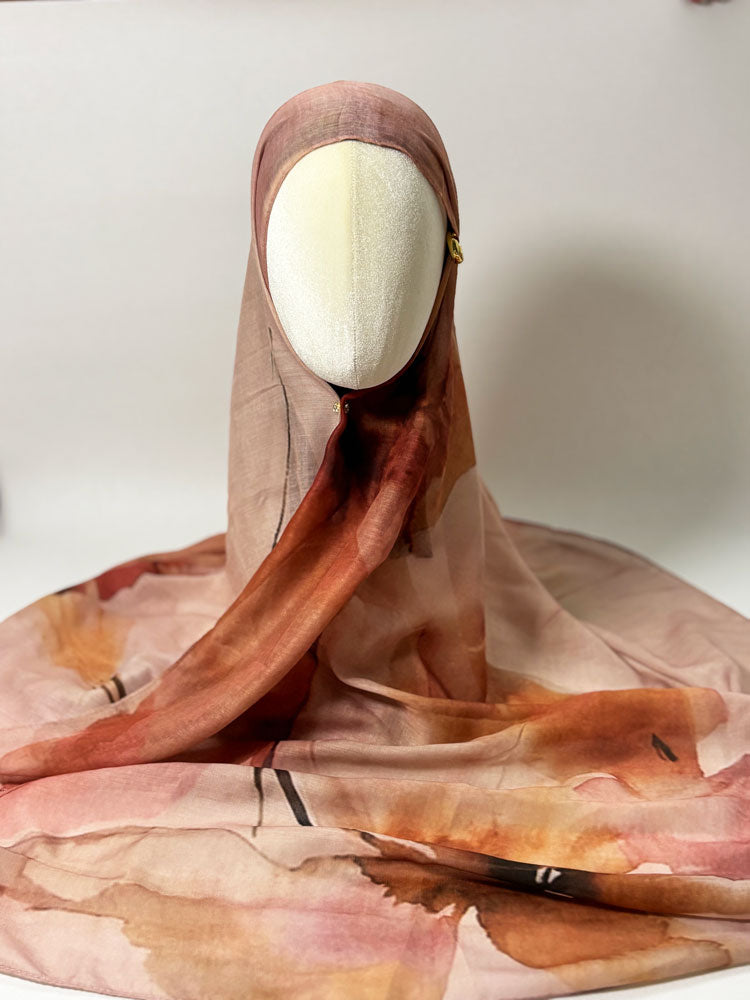 Watercolor Floral Blossom Hijab - Nude Pink and Amber Modest Scarf for Women-LNR260007