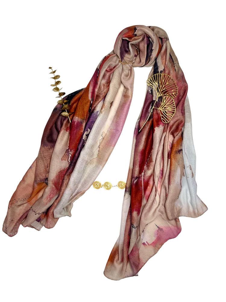 Modern Oil Painting Hijab - Terracotta and Purple Modest Scarf for Women-LNR260006