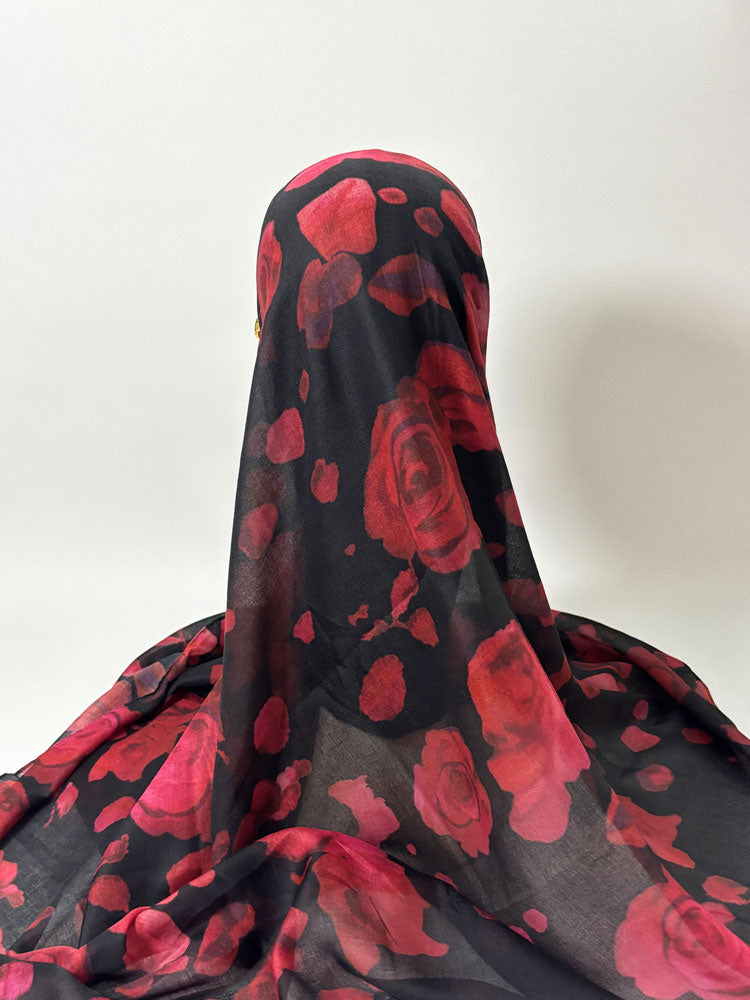 Romantic Classic Rose Hijab - Black and Red Modest Scarf for Women-LNR260003