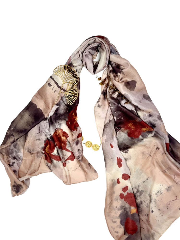 Abstract Ink Splash Hijab - Beige and Rust Modest Scarf for Women-LNR260004