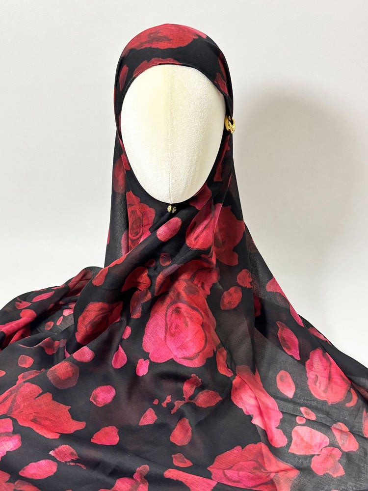Romantic Classic Rose Hijab - Black and Red Modest Scarf for Women-LNR260003