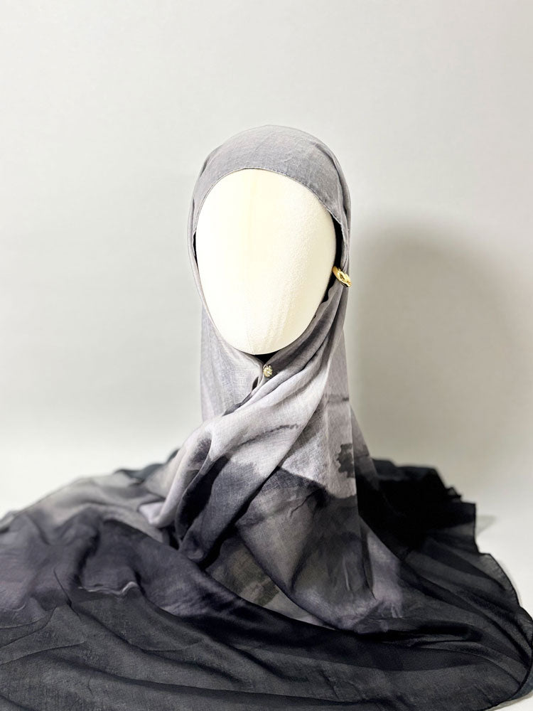 Artistic Ink Wash Gradient Hijab - Grey and Black Modest Scarf for Women-LNR260001