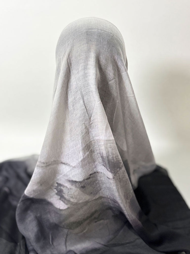 Artistic Ink Wash Gradient Hijab - Grey and Black Modest Scarf for Women-LNR260001