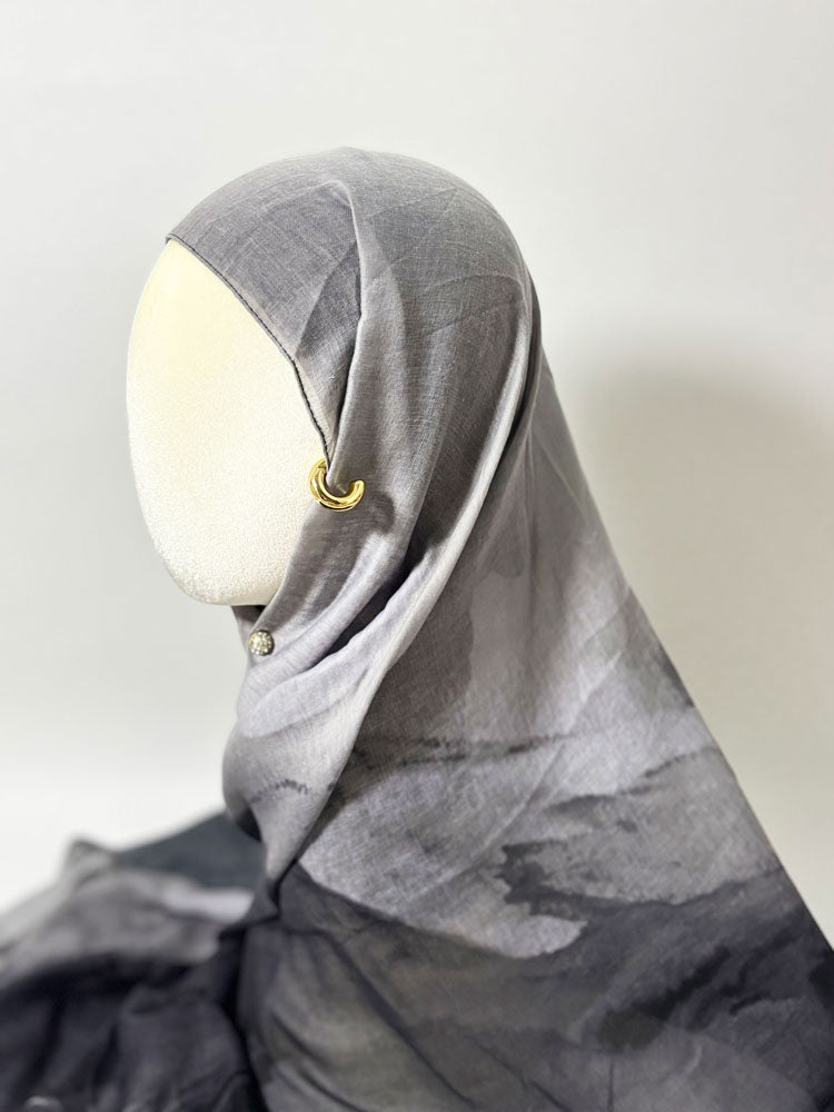 Artistic Ink Wash Gradient Hijab - Grey and Black Modest Scarf for Women-LNR260001