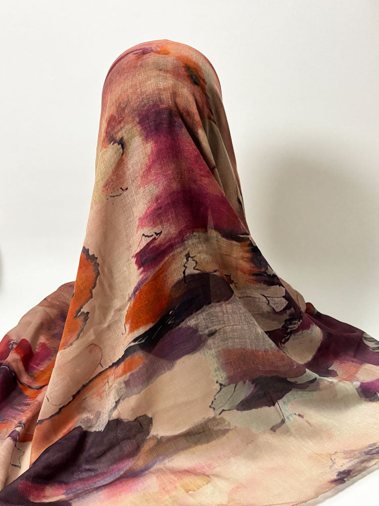 Modern Oil Painting Hijab - Terracotta and Purple Modest Scarf for Women-LNR260006