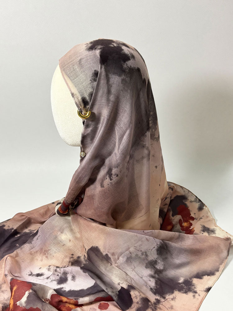 Abstract Ink Splash Hijab - Beige and Rust Modest Scarf for Women-LNR260004