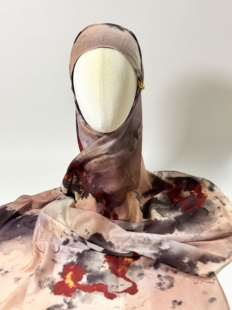 Abstract Ink Splash Hijab - Beige and Rust Modest Scarf for Women-LNR260004