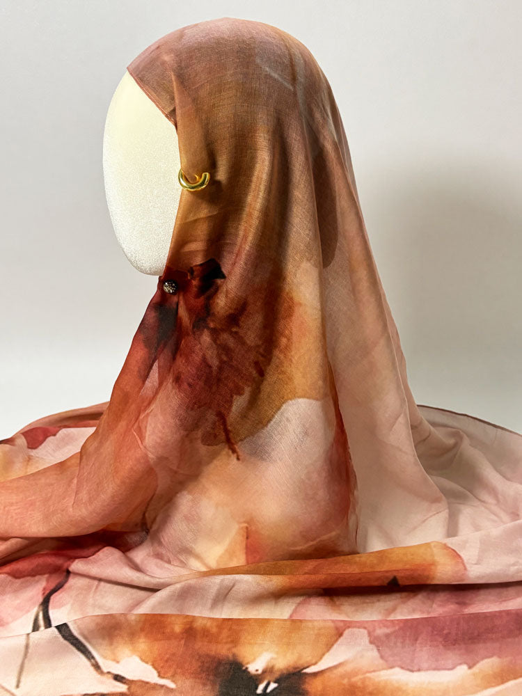 Watercolor Floral Blossom Hijab - Nude Pink and Amber Modest Scarf for Women-LNR260007