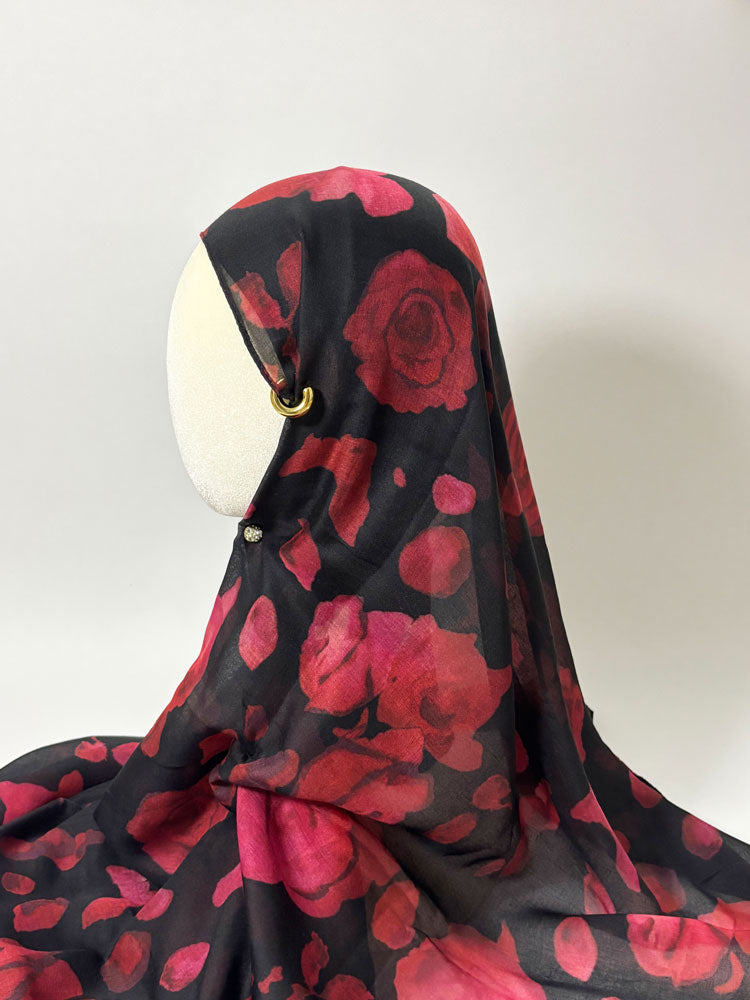 Romantic Classic Rose Hijab - Black and Red Modest Scarf for Women-LNR260003